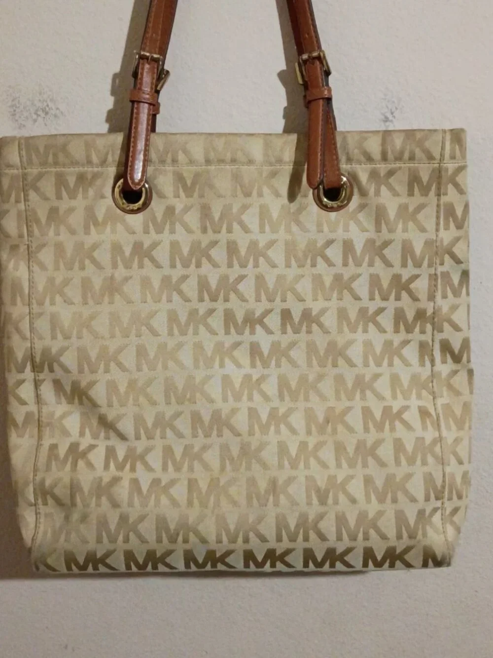 Michael Kors Jet Set Tote Signature Canvas Leather Handbag Camel